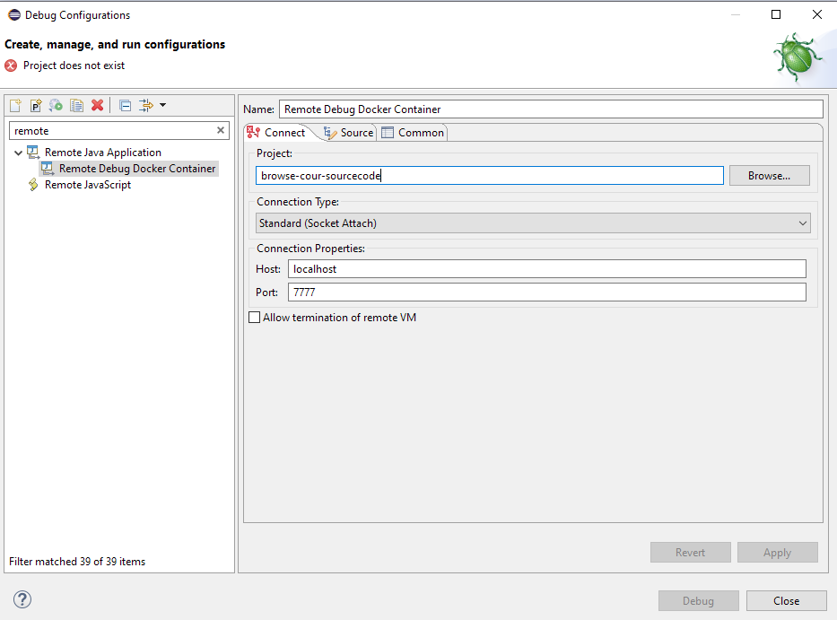 Eclipse Screenshot für das Debugging von Java Apps in Docker